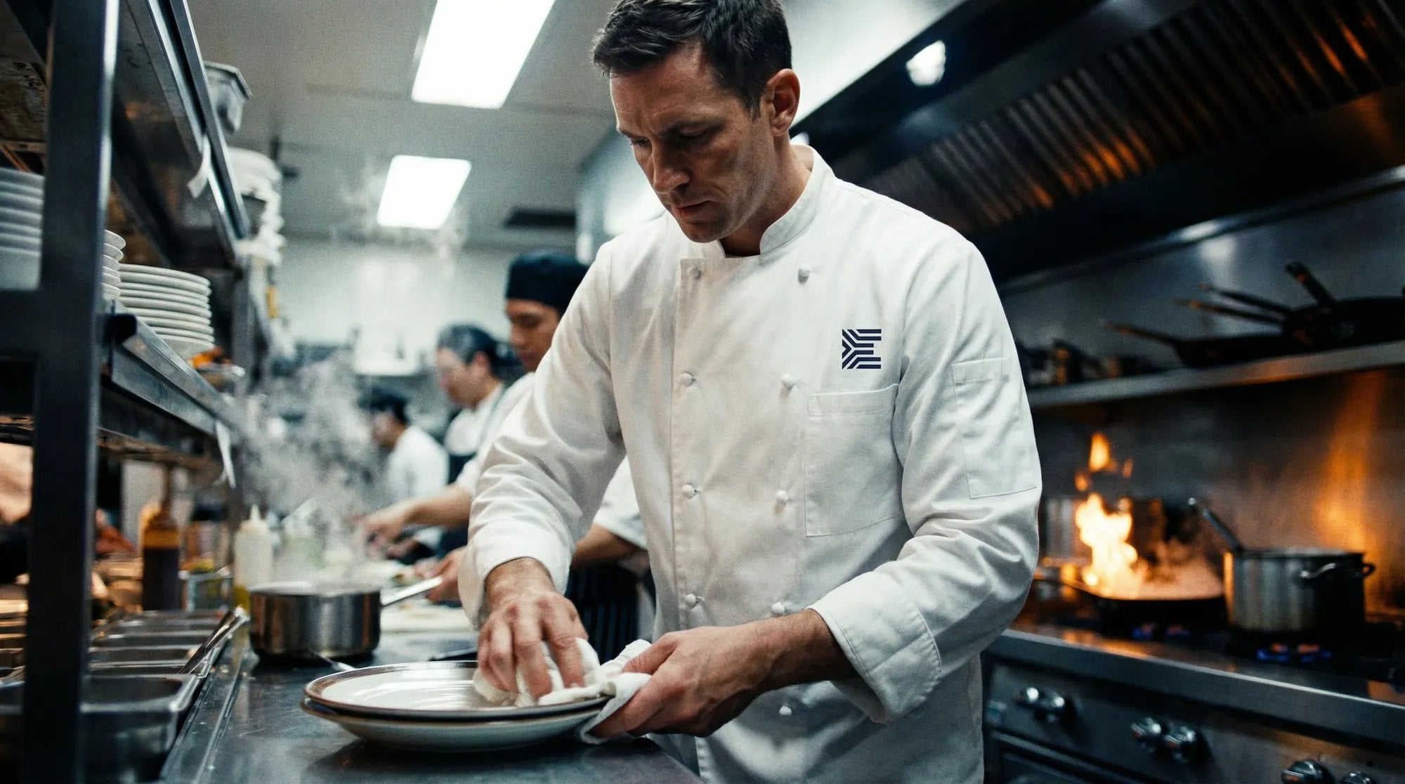 Chef con uniforme bordado en una cocina profesional