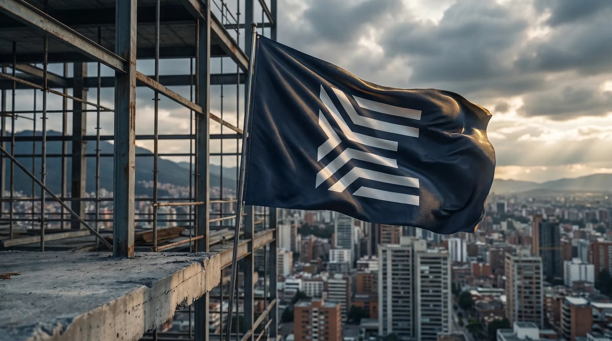 Bandera con el logo ondeando sobre una obra en construcción