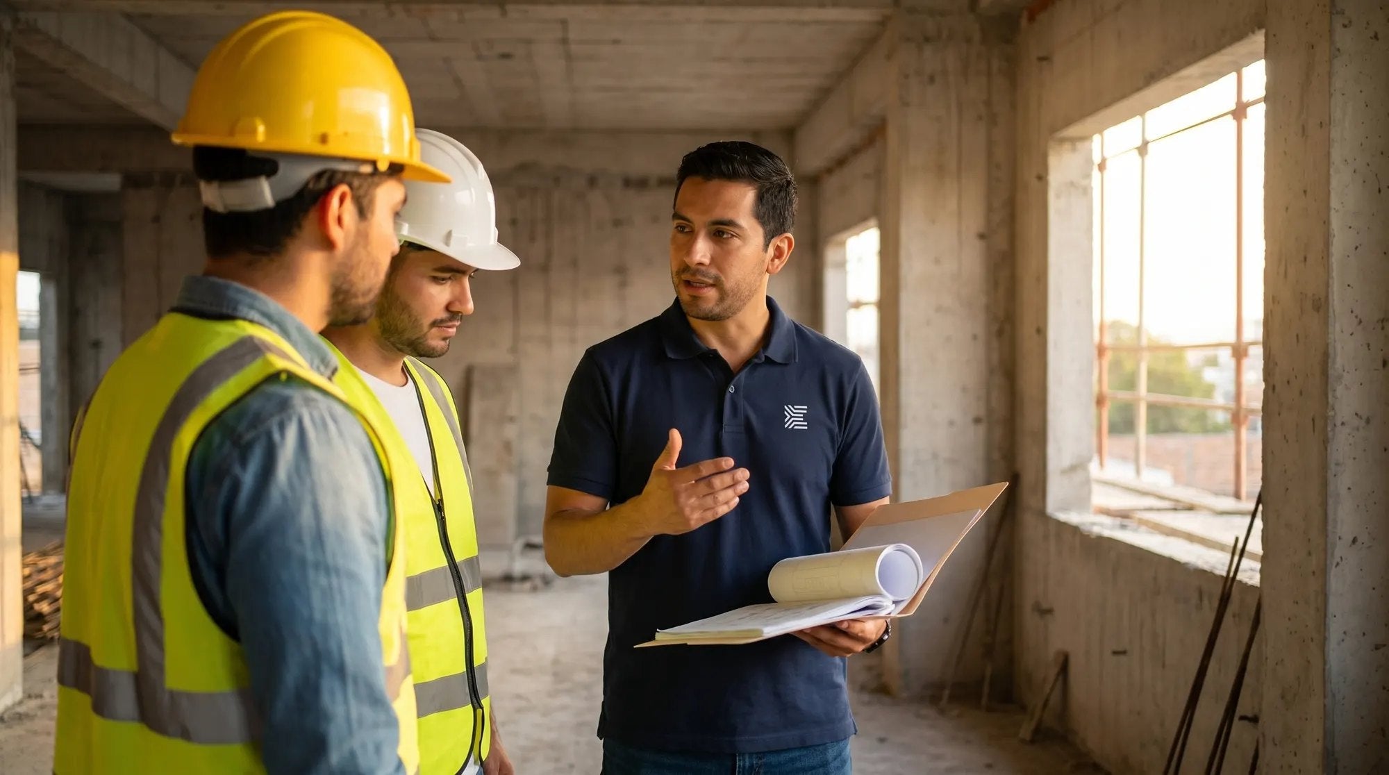 Supervisor con polo corporativo junto a trabajadores en obra